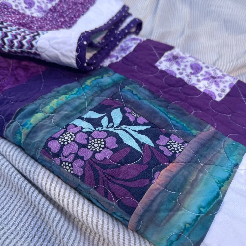 Handmade Patchwork Quilt 35x41 Purple Floral Minky Fleece Tie Dye Boho Baby